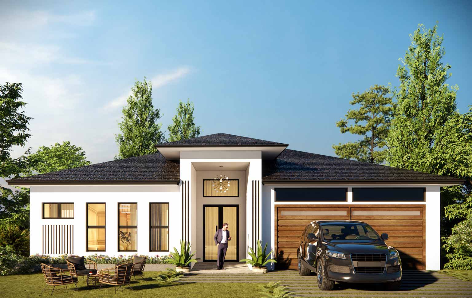 Modern single-story home with a dark sedan parked in the driveway and a person standing at the front door.