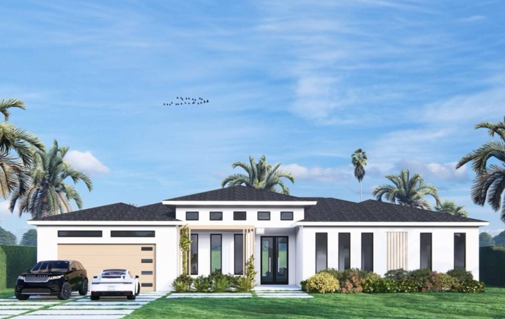 Modern single-story house with palm trees and an suv parked in the driveway under a clear sky.