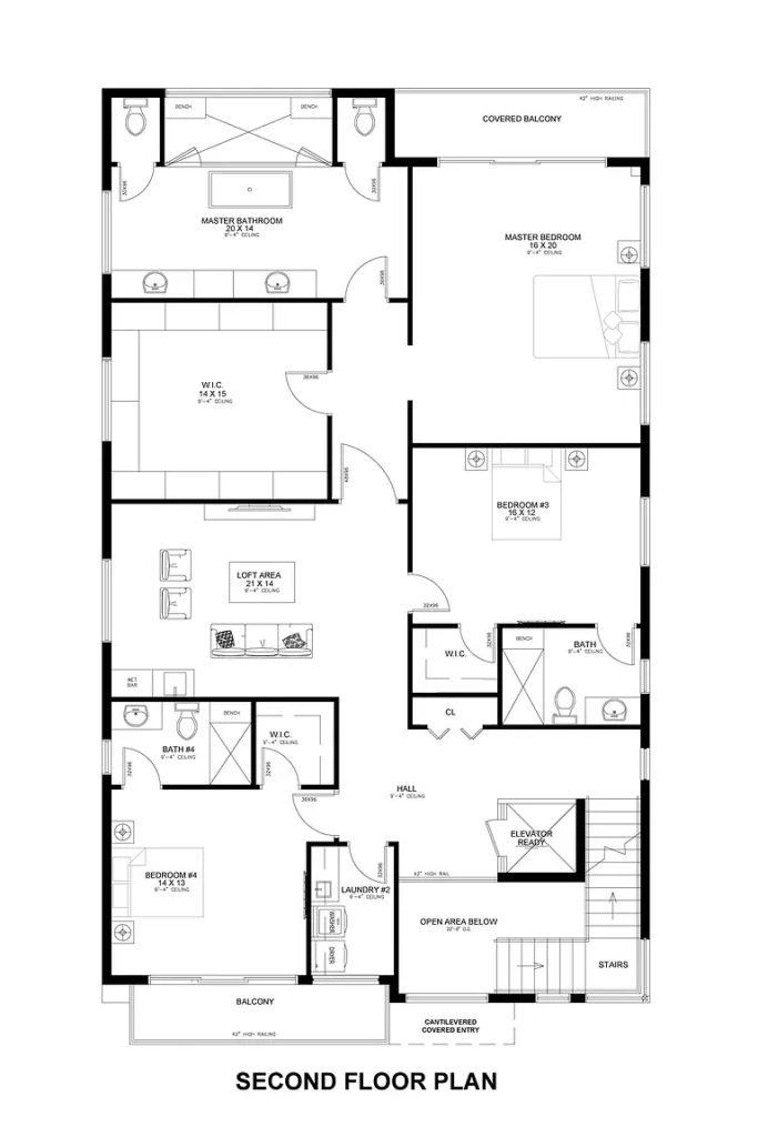 Black and white architectural drawing of a second floor plan with labeled rooms and furniture layout.