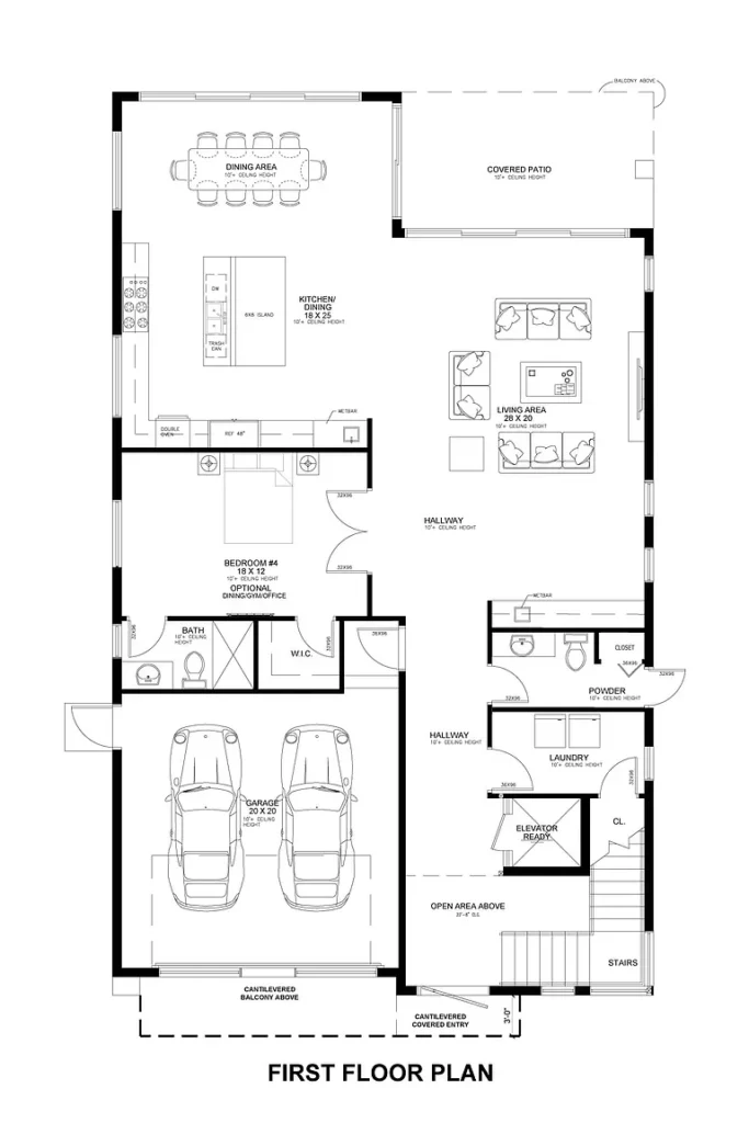 Black and white architectural diagram of a first-floor plan showing room layouts, furniture placement, and a two-car garage.